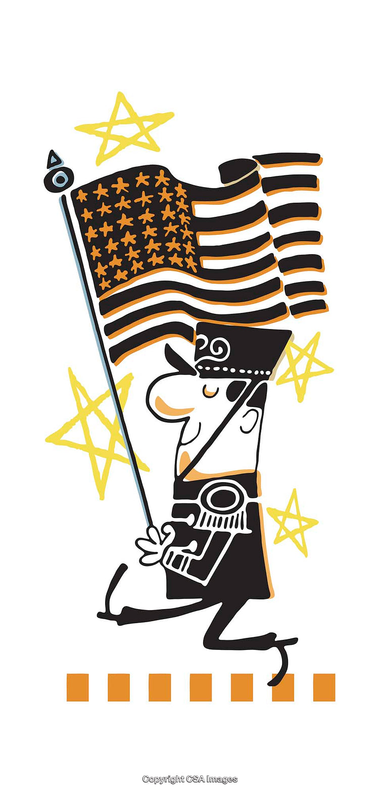 Cartoon Illustration of Soldier Holding Stylized American Flag With Stars