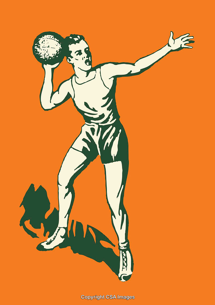 Retro Illustration of Athlete Throwing a Ball on Orange Background