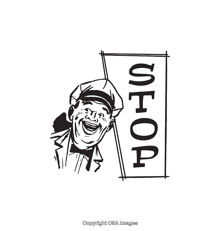 Retro Black-and-White Illustration of a Smiling Man with a Stop Sign