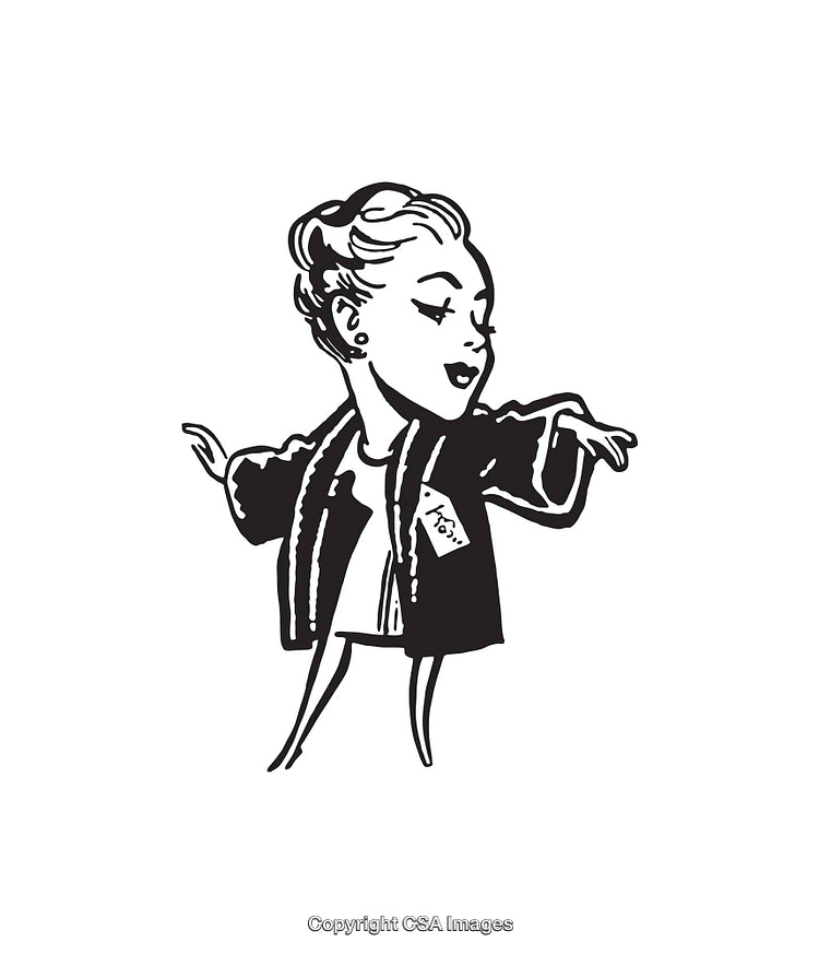 Vintage Black and White Line Art of a Woman in Stylish Fashion Pose