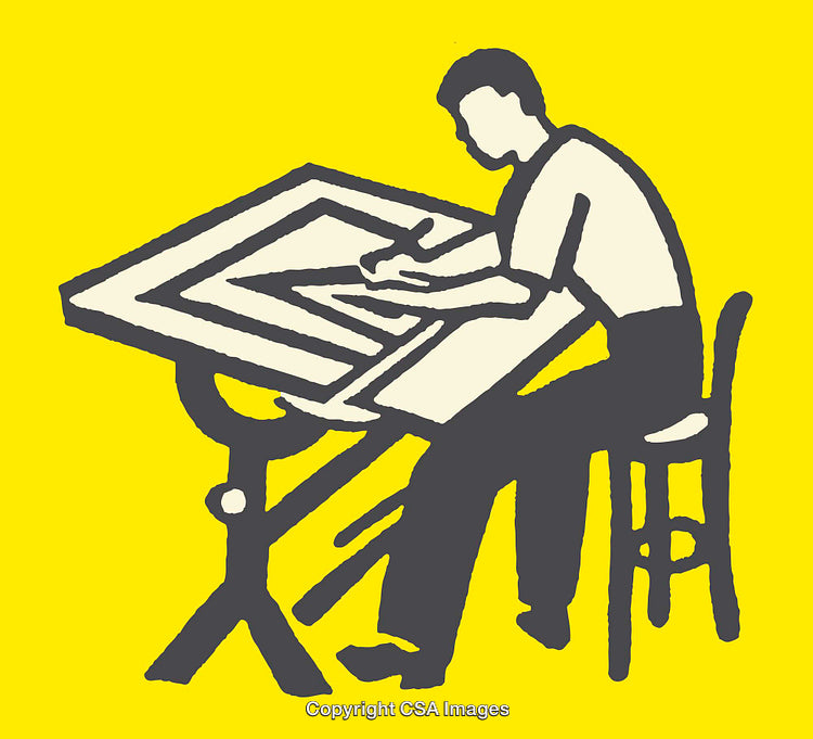Illustration of a Person Sketching on a Drafting Table in Yellow Background