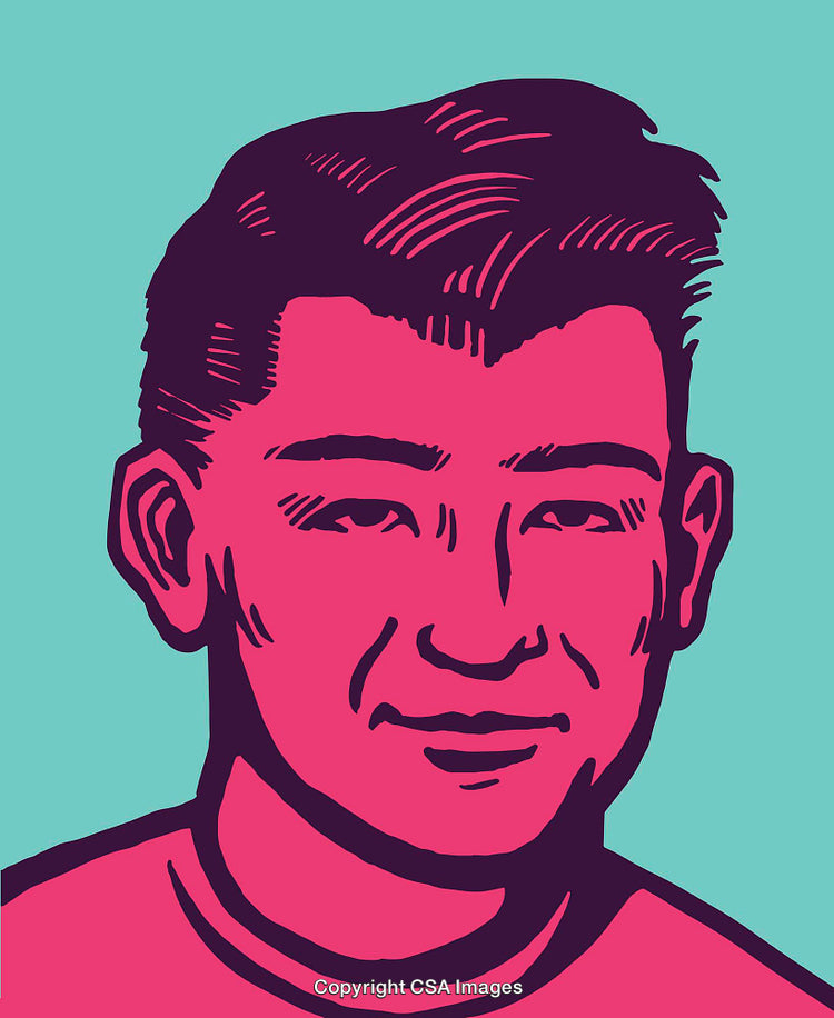 Colorful Pop Art Illustration of a Smiling Man's Face on Teal Background