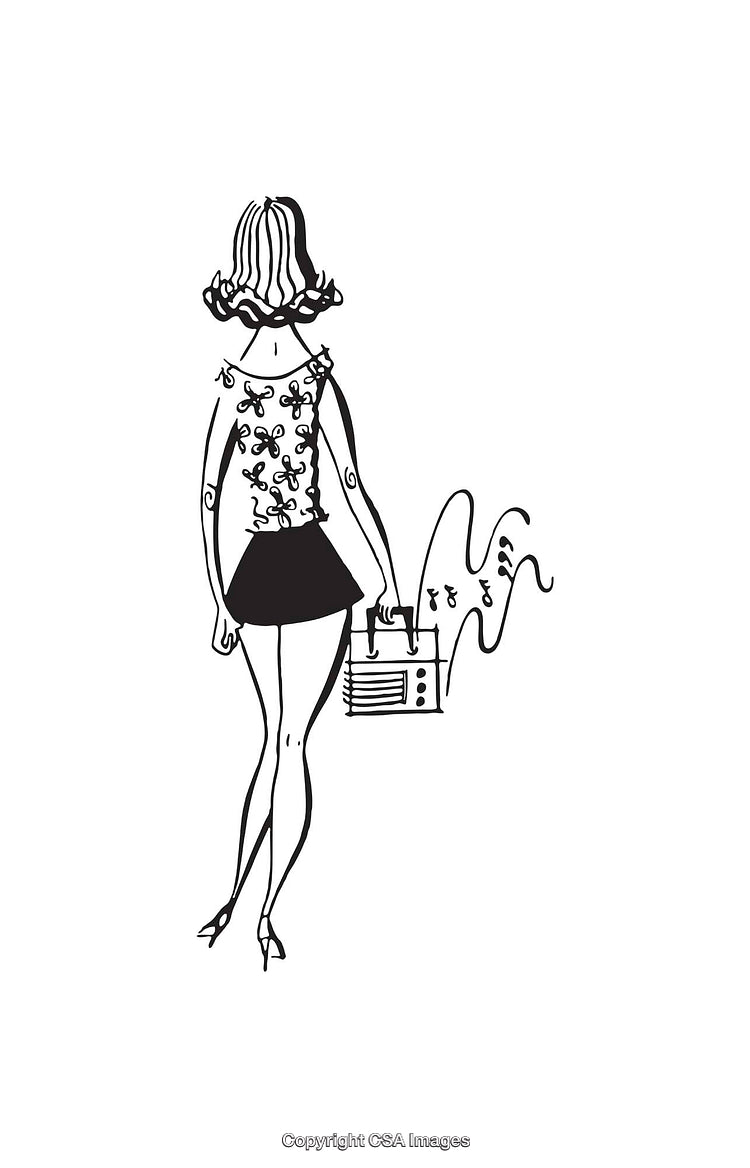 Black and White Line Art of Woman with Chic Style and Music Player
