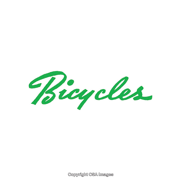 Green Script Text Spelling "Bicycles" on White Background