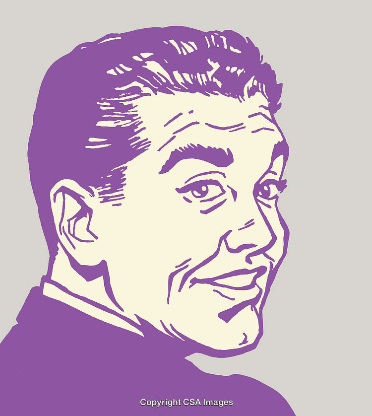Retro Line Art Illustration of a Smiling Man in Purple and Cream