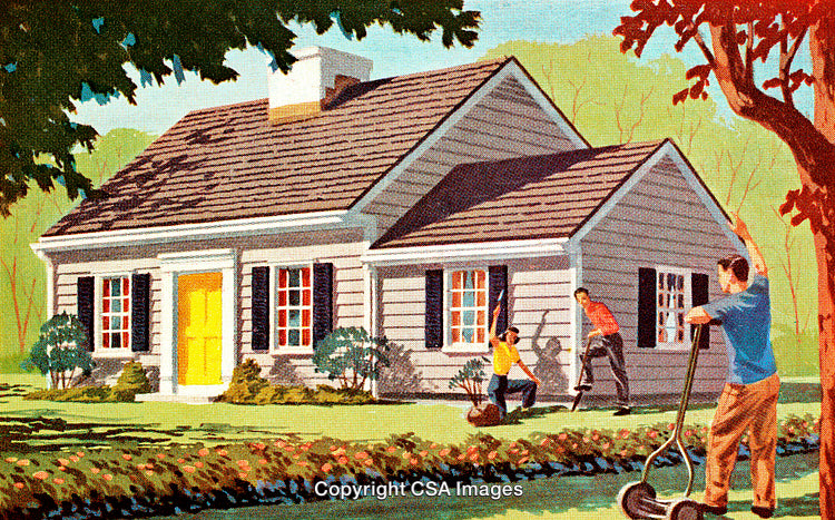 Family Landscaping Around Cottage Home Under Sunny Blue Sky