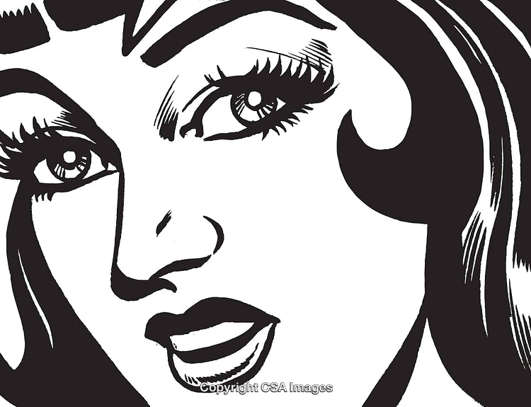 Black and White Pop Art Illustration of a Woman's Face in Close-Up