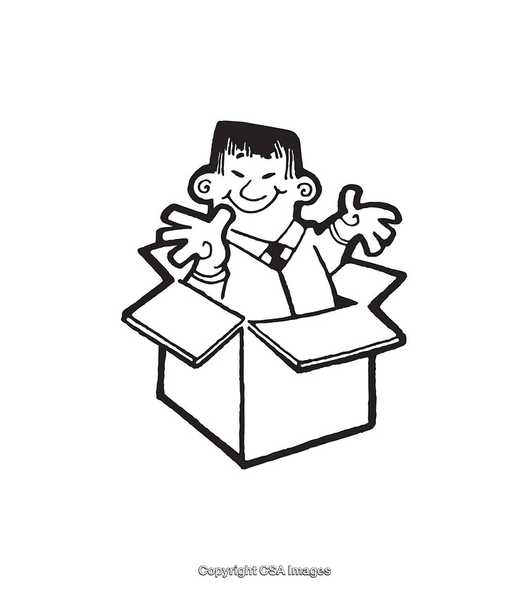 Whimsical Illustration of Cartoon Character Popping Out of a Box