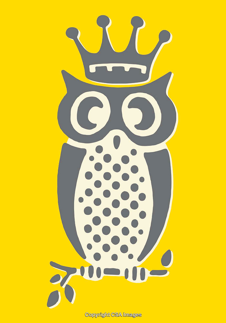 Gray Owl Illustration With Crown on Bright Yellow Background