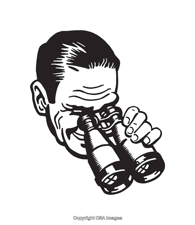 Retro-Style Line Art of Man Observing Through Binoculars