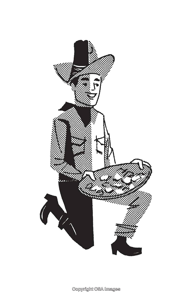 Vintage Illustration of a Cowboy Kneeling with a Pan of Gold Nuggets