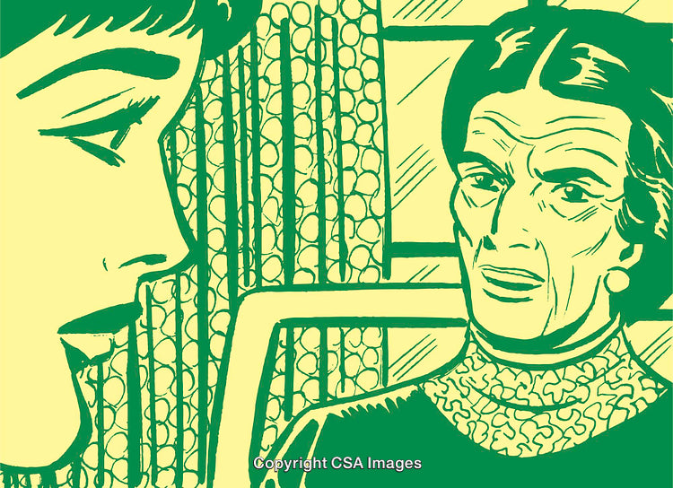 Retro Illustration of Two Women in a Thought-Provoking Conversation