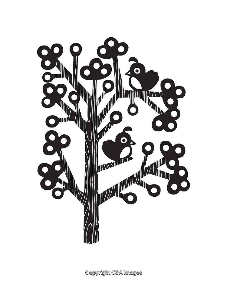 Black and White Illustrated Tree with Birds on Branches
