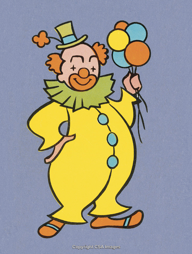 Cheerful Cartoon Clown in Yellow Outfit Holding Colorful Balloons