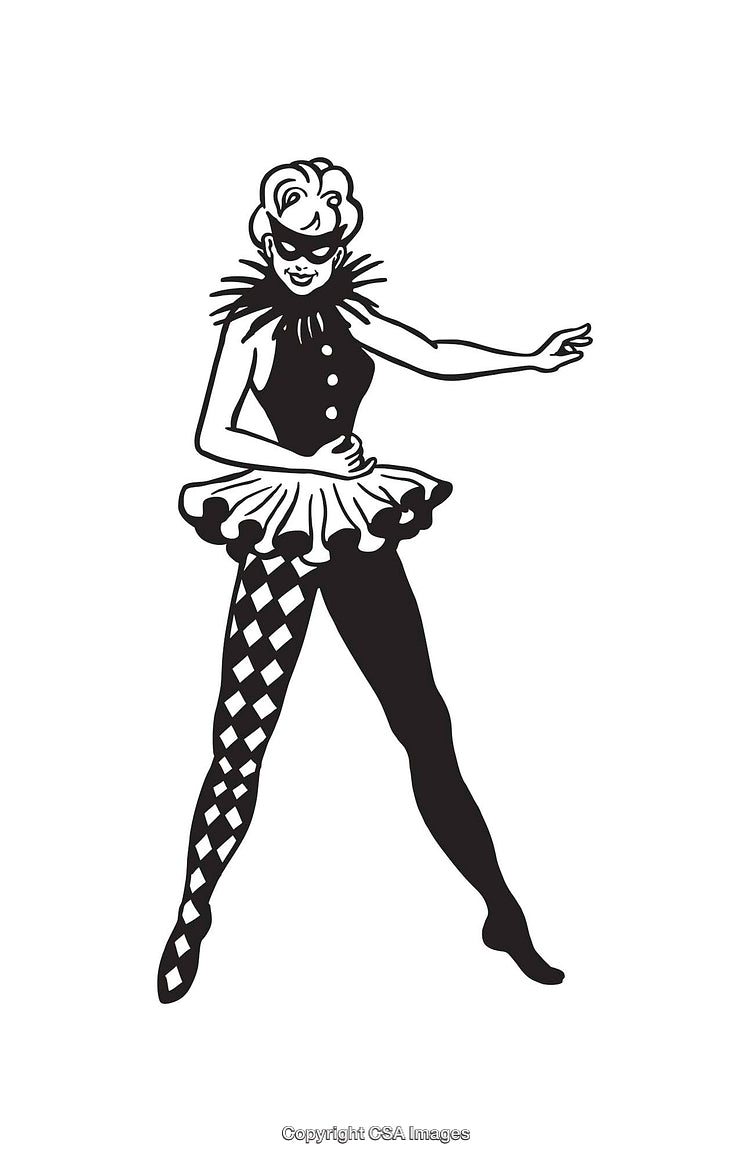 Black and White Illustration of Masked Performer in Fancy Costume