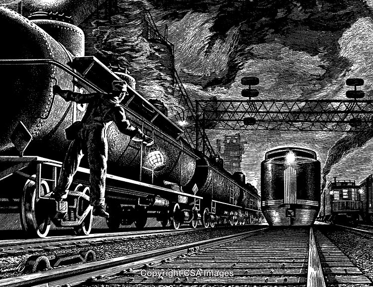 Nighttime Illuminated Train Scene Depicting Industrial Era Mechanics and Motion
