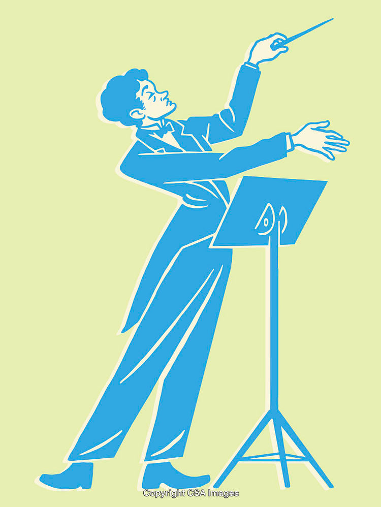 Illustration of a Conductor Leading with a Baton in Vibrant Colors