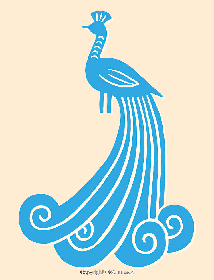 Blue Peacock Illustration With Flowing Tail and Art Nouveau Design