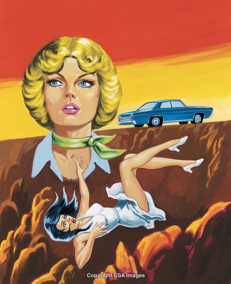 Retro Illustration of Woman, Vintage Car, and Dynamic Dramatic Scene