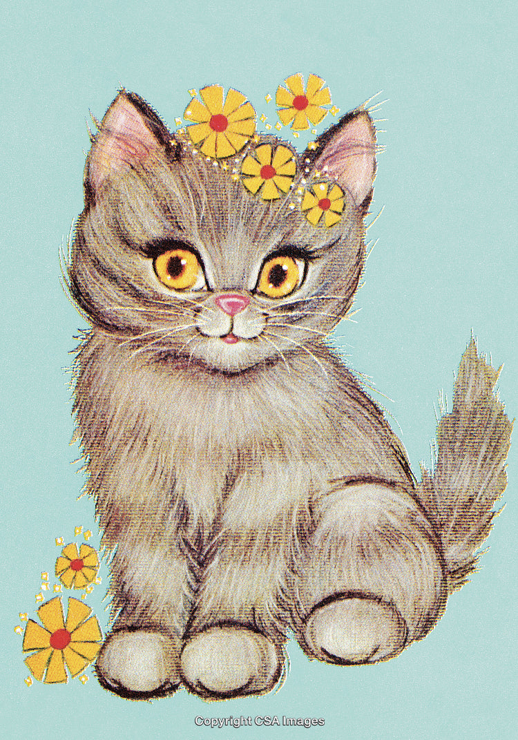 Charming Illustration of a Cute Kitten with Yellow Flowers on Turquoise Background
