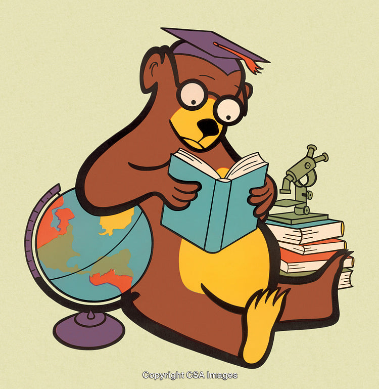 Educated Bear Reading a Book with Globe and Microscope Illustrations