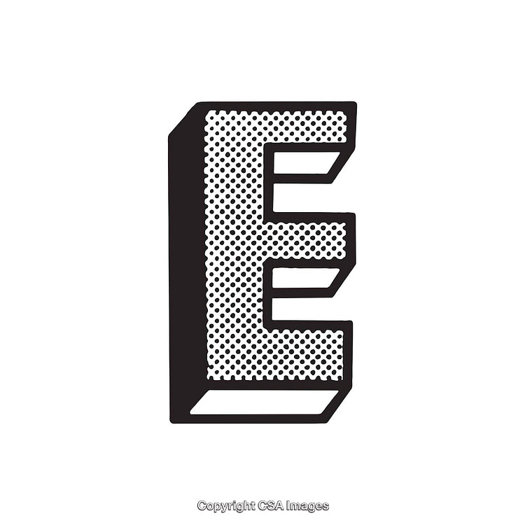 Bold Halftone Illustrated Letter E with 3D Geometric Effects
