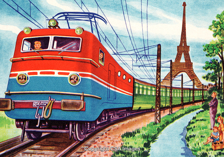 Vintage Illustration of a Train Passing by the Eiffel Tower in Paris