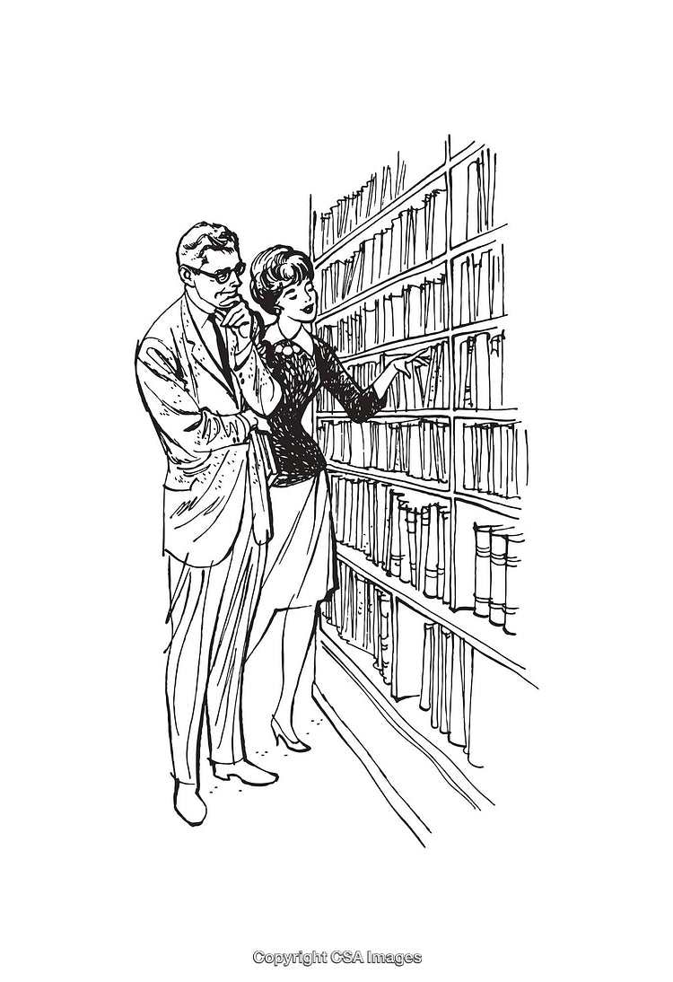 Two People Browsing Books in a Library, Expressing Curiosity and Engagement