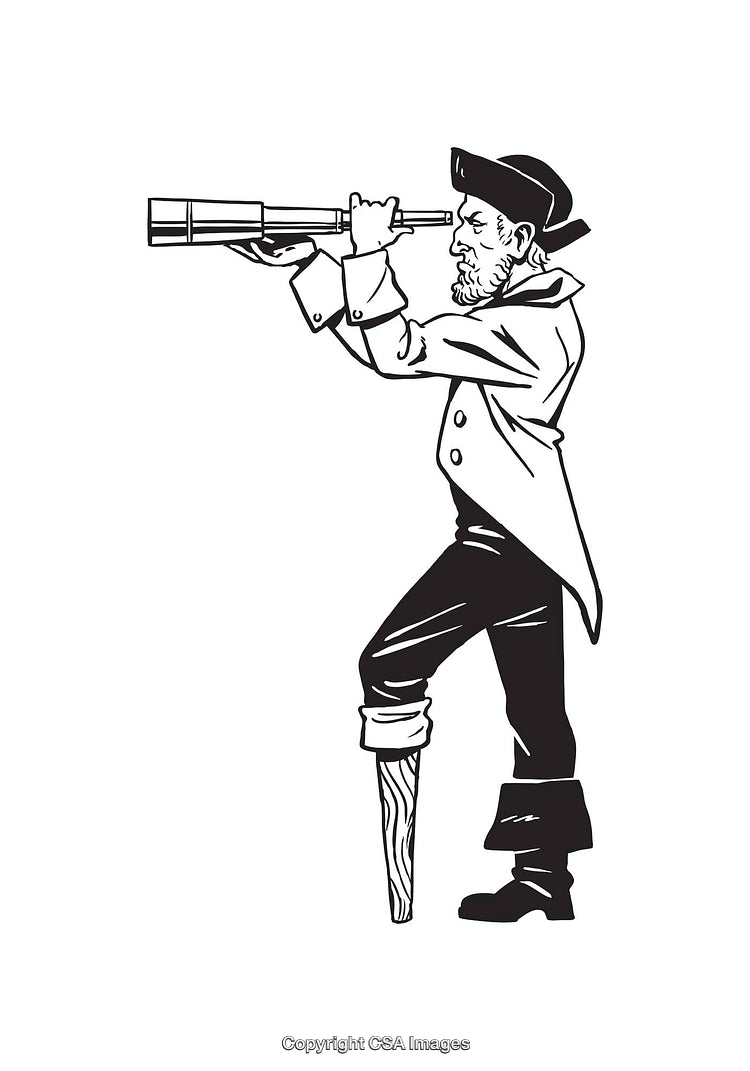 Black And White Illustration of a Pirate With Telescope