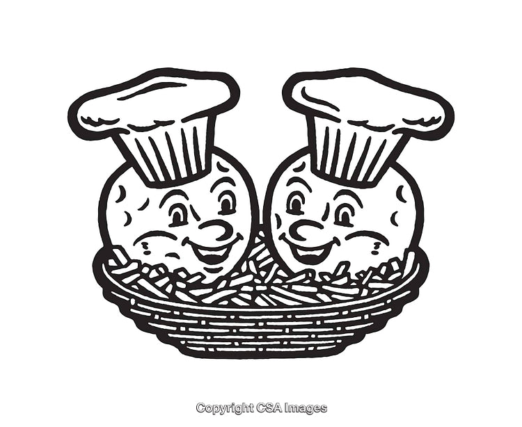 Whimsical Chef Characters Sitting in a Decorative Basket Line Art
