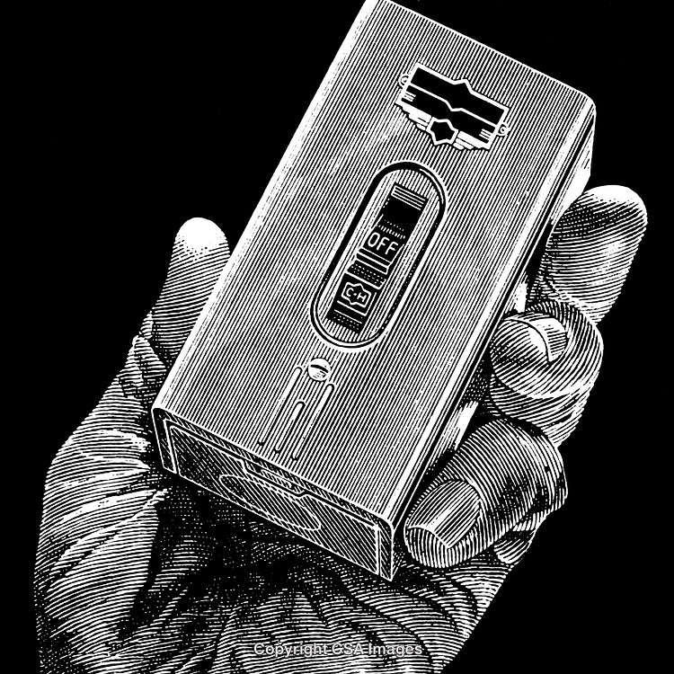 Intricate Black and White Engraving of a Hand Holding a Small Device