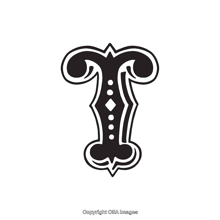 Vintage Styled Letter T with Decorative Ornamental Design in Black and White