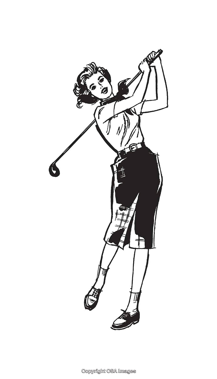 Black and White Illustration of Woman Playing Golf in a Stylish Outfit