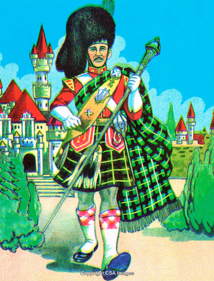 Traditional Scottish Guardsman in Elaborate Uniform Standing Before Iconic Fairy Tale Castle