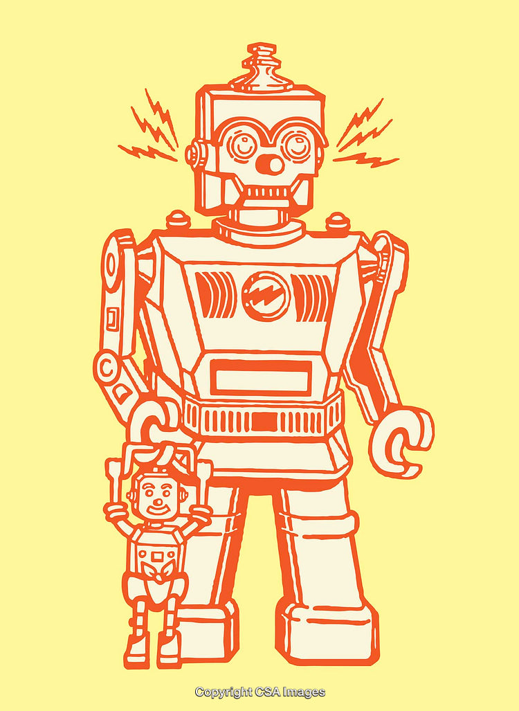 Retro Robots in Vibrant Orange Line Art Style with Yellow Background