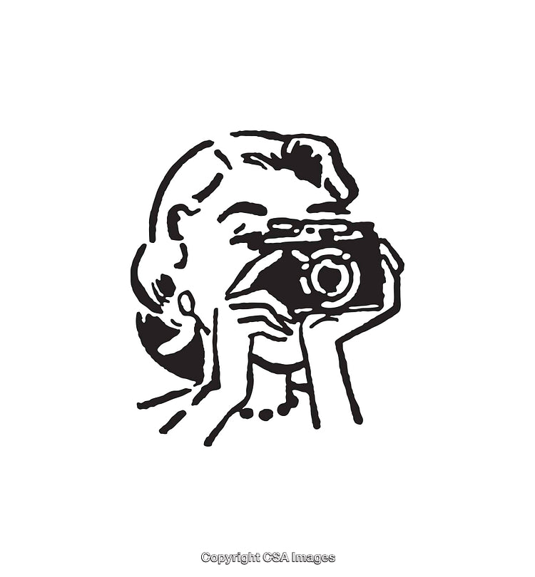 Vintage Line Art of Woman Using a Camera in Black and White