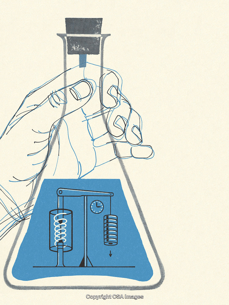 Hand Holding a Flask with a Science Equipment Illustration Inside