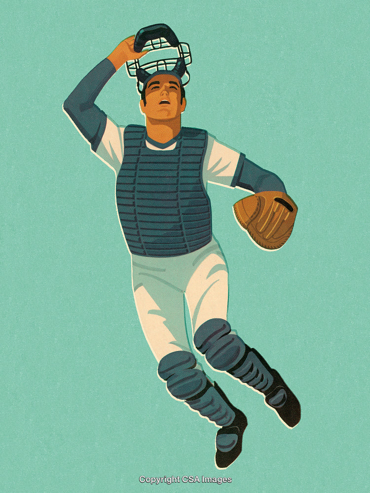 Illustration of a Baseball Catcher Reaching for a Flyball in Mid-Air