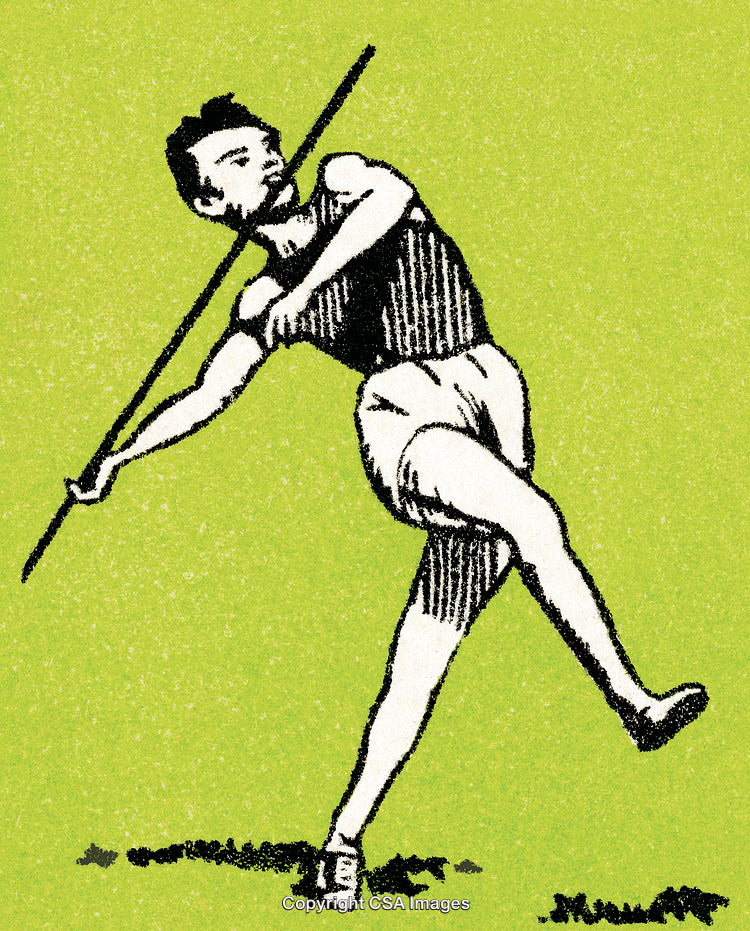 Vintage Illustration of a Javelin Thrower in Action with a Green Background