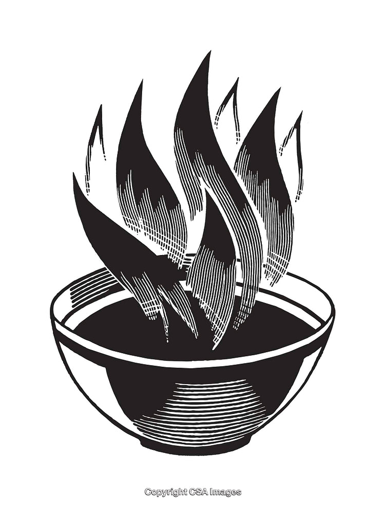 Stylized Black and White Line Art of a Flaming Bowl