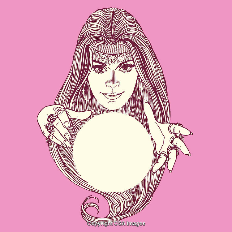 Mystical Illustration of Woman Gazing at Crystal Ball on Pink Background