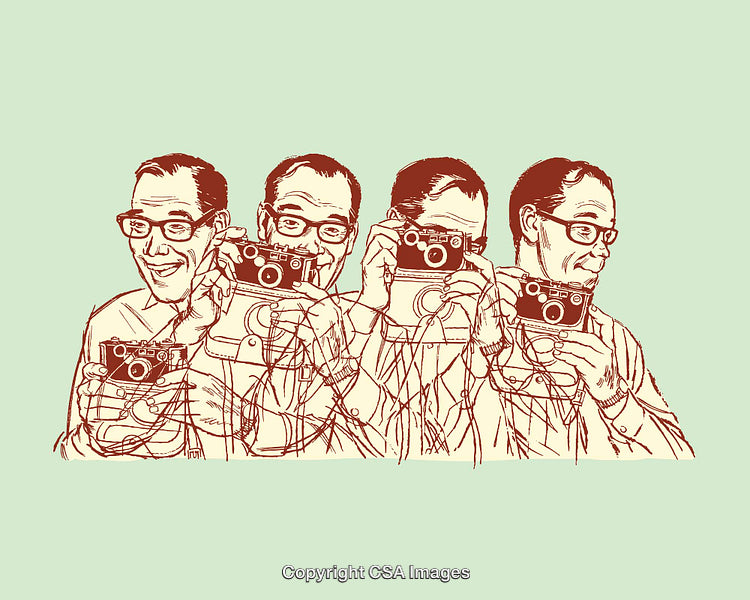 Sequential Illustration of a Man Using a Camera in Line Art Style