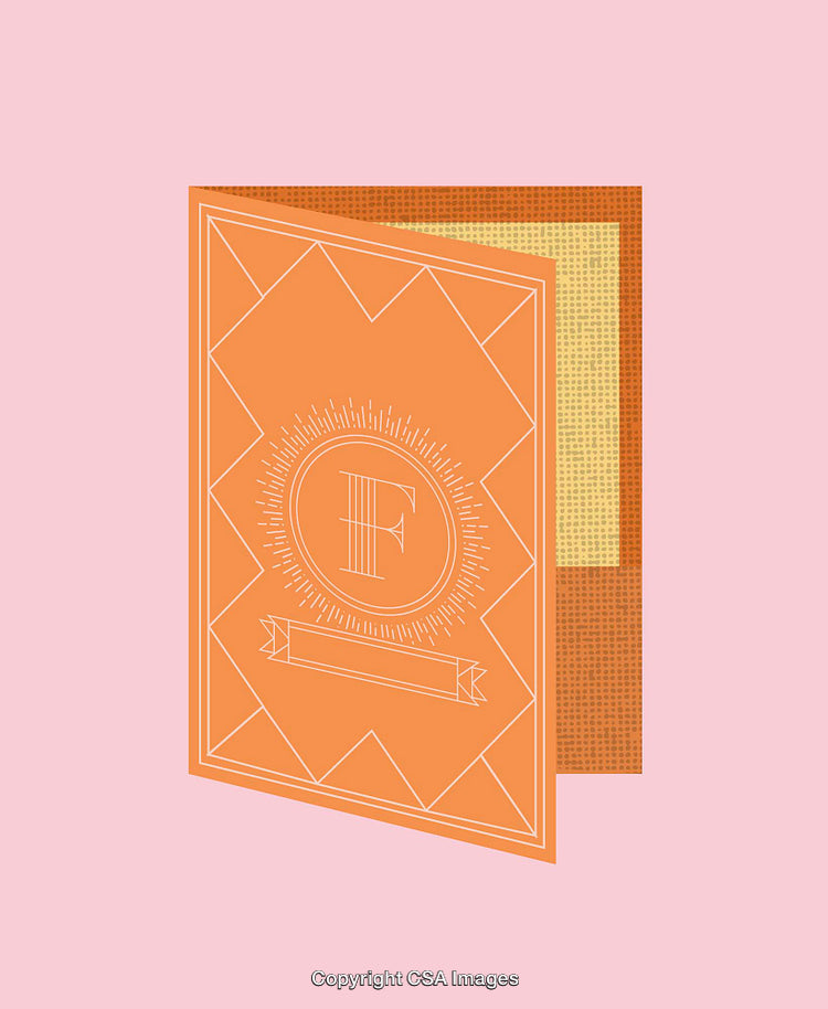 Geometric Orange Greeting Card Design with Decorative Letterform on Pink Background