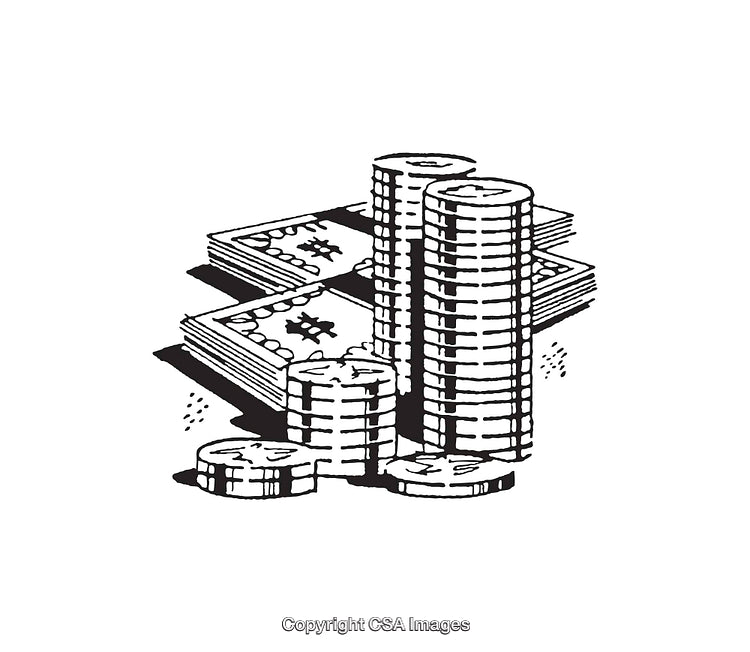 Black and White Illustration of Stacked Coins and Banknotes