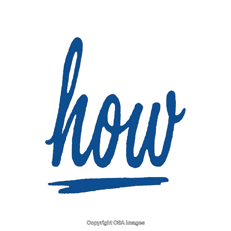 Stylized Handwritten Blue Word 'How' on White Background.
