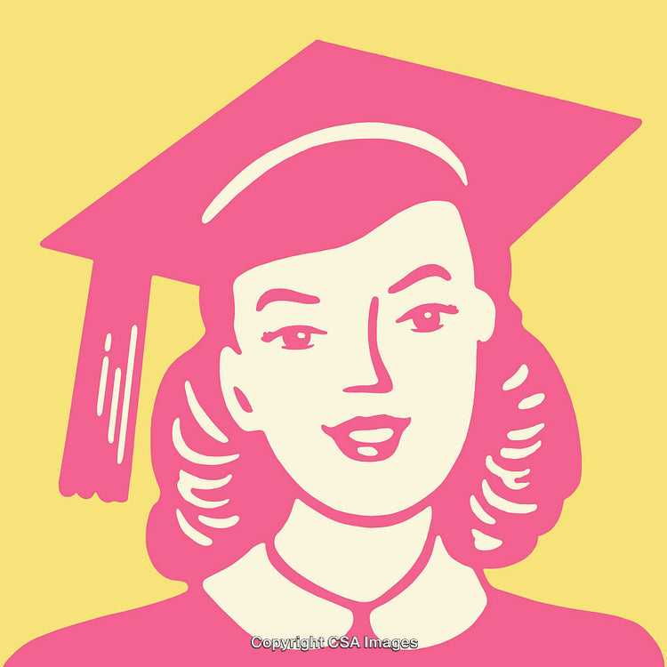 Colorful Retro Illustration of a Graduate Wearing a Cap in Pink and Yellow