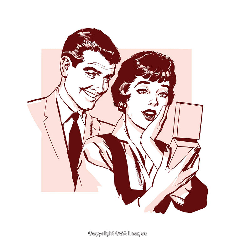 Surprised Woman Receiving a Gift from Smiling Partner in Vintage Style Illustration