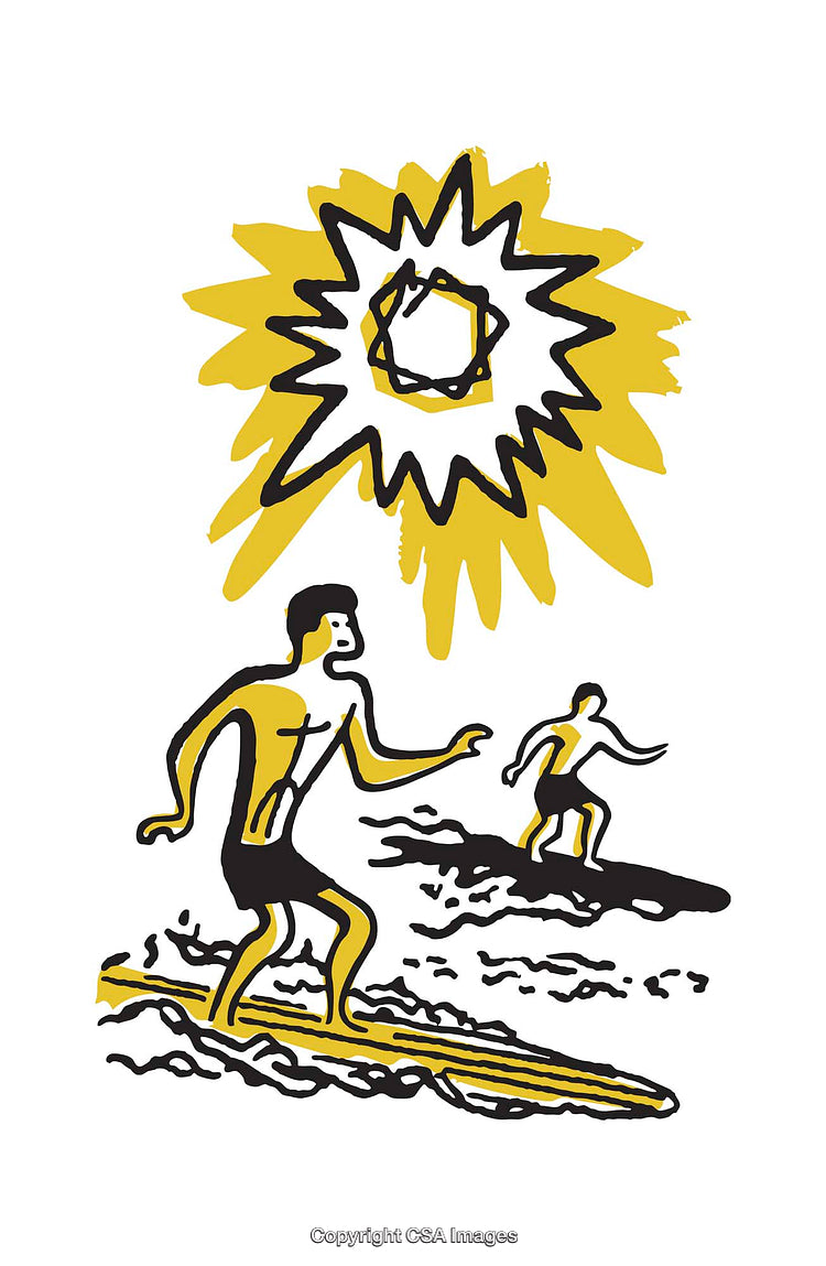 Stylized Illustration of Surfers on Waves Under a Bright Sun