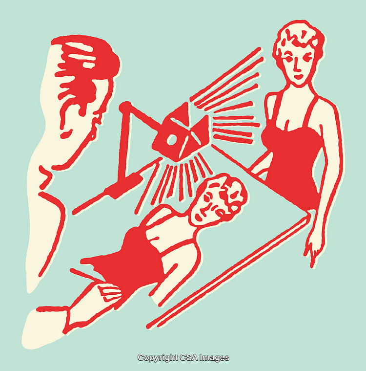 Colorful Retro Style Illustration of a Studio Setup with Figures