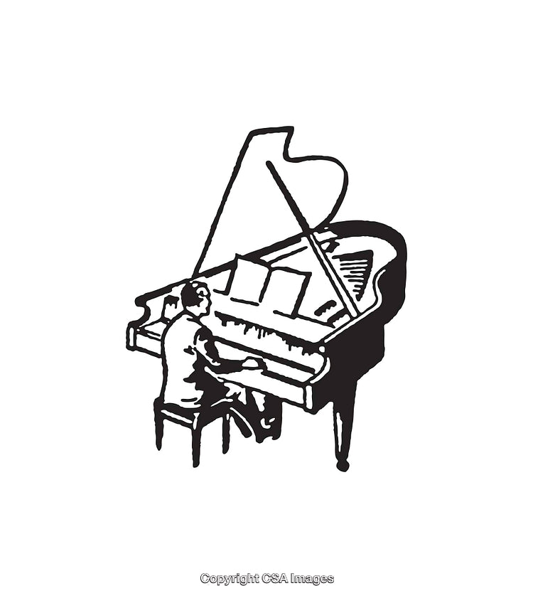 Black and White Illustration of a Musician Playing a Grand Piano